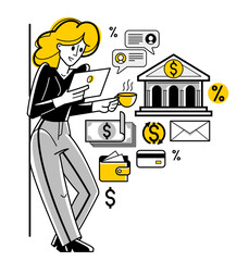 Online banking vector outline illustration, woman manager working with finances or customer manages her account with deposit or credit, e-banking.