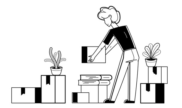 Moving to new apartment or business moving to new office, person carry and unpack boxes with stuff, beginning of new life, vector outline illustration.
