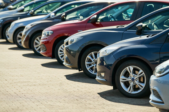 row of used cars. Rental or automobile sale services