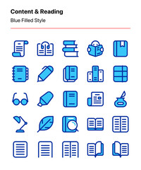 Customizable set of content and literature icons covering reading and writing elements. Perfect for apps, websites, blogs, libraries, e-readers, stores, businesses, publications, etc