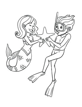 Mermaid and Diver Holding a Star Isolated Coloring