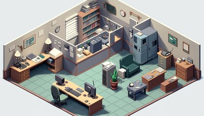 Isometric office interior with shelves, computer on a desk and potted plants