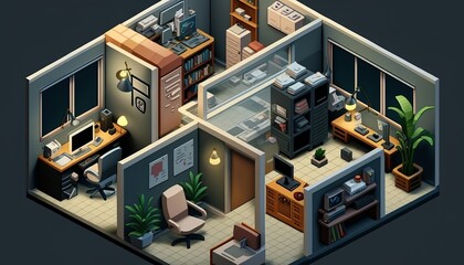 Isometric office interior with shelves, computer on a desk and potted plants