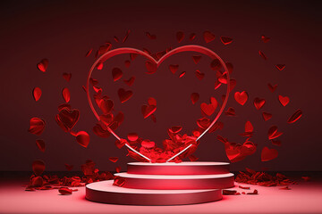 Blooming with Passion - A Product Podium with Red Heart and Petal Embellishments. Valentine Day. AI generated picture.