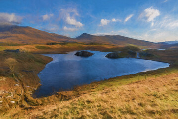 Fototapeta na wymiar Digital painting of Llyn y Dywarchen, and Snowdon in the Snowdonia National Park, Wales.