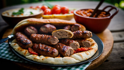 Čevapi with somun and ajvar, a traditional dish from the Balkans 