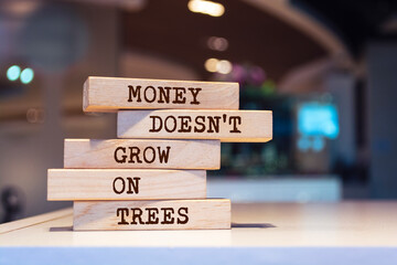 Wooden blocks with words 'Money Doesn't Grow on Trees'.