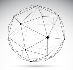 Dimensional lattice mesh vector abstraction, 3D polygonal design abstract sphere isolated over white, tech and science digital style dynamic connections with lines and dots.