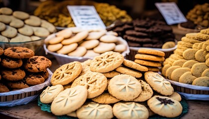 a lot of cookies on desk, street food vendor, Generative Ai
