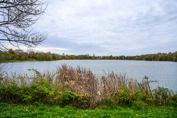 Fasaneriesee near Munich. Landscape at the lake in autumn in Bavaria.
