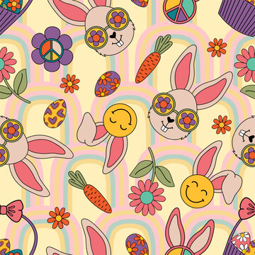 seamless pattern with easter groovy bunny face