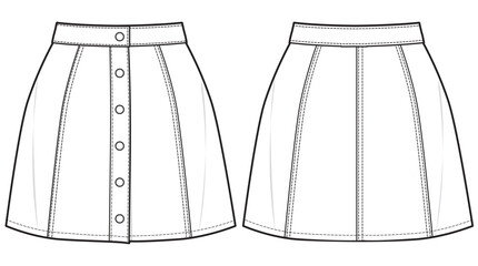 Women A-line Button Down Denim Mini Skirt Front and Back View. Fashion Illustration, Vector, CAD, Technical Drawing, Flat Drawing, Template, Mockup.	