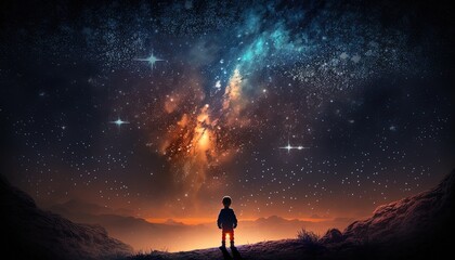 Fototapeta premium illustration of a boy looking at night starry sky with glitter glow galaxy flicker above, idea for prayer of hope, love, peace theme, Generative Ai