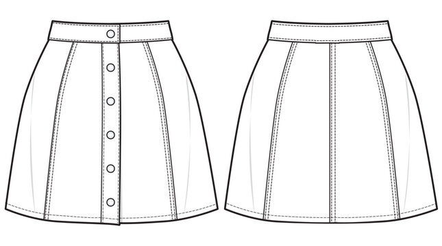 Women A-line Button Down Denim Mini Skirt Front and Back View. Fashion Illustration, Vector, CAD, Technical Drawing, Flat Drawing, Template, Mockup.	