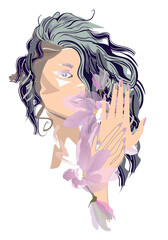 A beautiful girl's face with curly hair decorated with flowers and butterflies  with her hands in lines.  Vector illustration.
