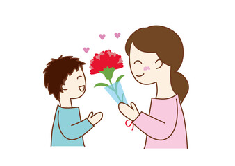 カーネーションをもらうお母さんと男の子