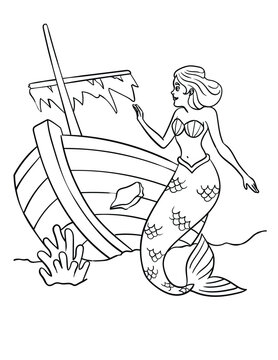 Mermaid and Shipwreck Isolated Coloring Page 