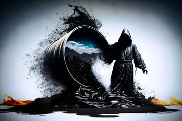concept of grim reaper emerging from oil barrel - obrazy, fototapety, plakaty