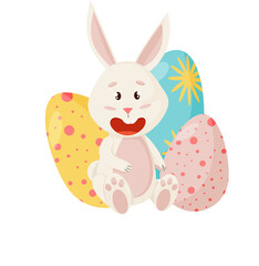 Bunny Character. Sitting and Laughing Funny, Happy Easter Cartoon Rabbit with Eggs. PNG