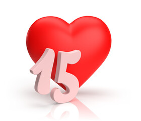 Heart number fifteen or 15 for valentine's day or anniversary. An digit idea for a banner or card for love.