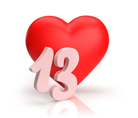 Heart number thirteen or 13 for valentine's day or anniversary. An digit idea for a banner or card for love. 