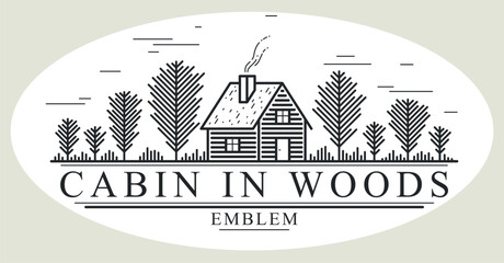 Cabin in woods pine forest linear vector nature emblem isolated on white, log cabin cottage for rest, holidays and vacations theme line art logo, beauty in nature, woodhouse resort.