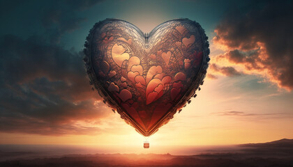 Fototapeta na wymiar Valentine's Day hot air heart-shaped balloon at sunrise. Very Romantic. Love is in the air.