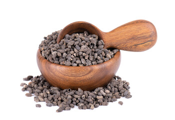 Borage seeds in wooden bowl and spoon, isolated on a white background. Borago officinalis seeds