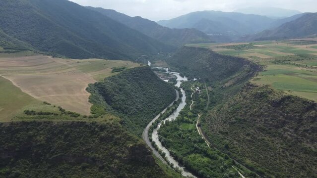 View from a drone, on the mountain river Debed in Armenia in the province of Lori