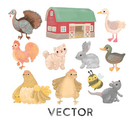 Farm Animals, birds and Barn, vector collection isolated over white - 571206315