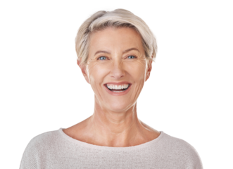 A senior woman smiling for dental health, beauty skincare and content. A happy mature model with healthy teeth, facial makeup and wellness in retirement isolated on a png background.
