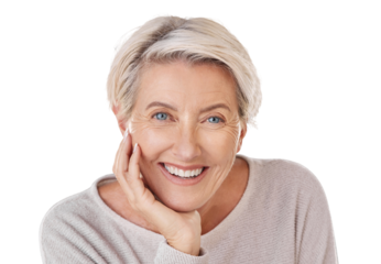 A happy senior woman or elderly model with healthy teeth giving a smile on a headshot. Dental, wellness and cosmetic surgery for elderly women to stay beautiful isolated on a png background.
