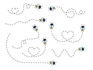 Bee flying on a dotted route. Cute bee character set. Vector illustration isolated on the white background