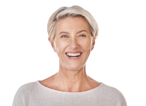 A senior woman smiling for dental health, beauty skincare and content. A happy mature model with healthy teeth, facial makeup and wellness in retirement isolated on a png background.