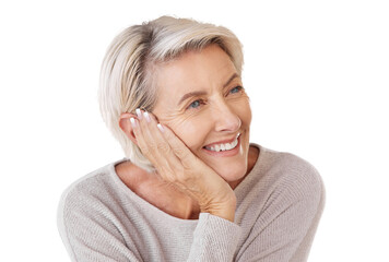 A senior woman resting her head or chin on her hand in Skincare, health and beauty with a mature female looking to wellness and healthy lifestyle isolated on a png background.