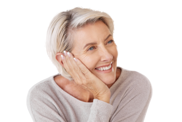 A senior woman resting her head or chin on her hand in Skincare, health and beauty with a mature female looking to wellness and healthy lifestyle isolated on a png background.