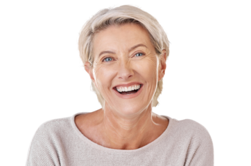 Face of happy mature woman laughing. Senior female feeling fresh, enjoying free time with self care hygiene treatment. Joy after routine pamper isolated on a png background.