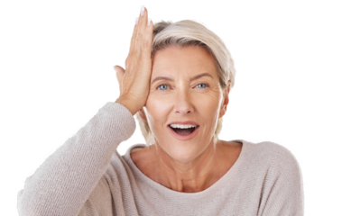 Thinking, idea or memory with a senior woman knocking her head with her hand to remember or forgeting. A mature model with grey hair having a light bulb moment isolated on a png background.