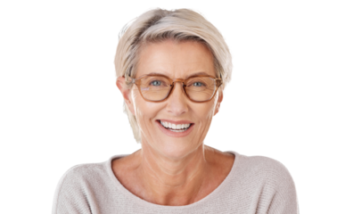 A beautiful caucasian mature woman wearing glasses with her bright natural looking dentures isolated on a png background.