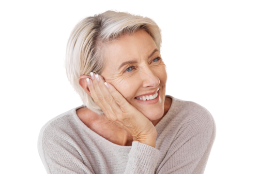 A senior woman resting her head or chin on her hand in Skincare, health and beauty with a mature female looking to wellness and healthy lifestyle isolated on a png background. - Powered by Adobe