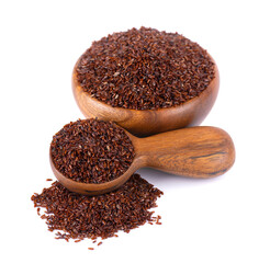 Psyllium seeds in wooden bowl and spoon, isolated on white background. Plantain. Plantago psyllium.