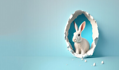 Abstract Easter template with a rabbit in an egg on a blue background. Ai generative