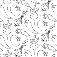 Seamless pattern with vegetables in doodle stele. Pattern with horse crops in a linear style. Modern print with vegetables. Vector illustration. - obrazy, fototapety, plakaty