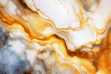 Wet watercolor marble texture  with white yellow gold and gray paint flow. Abstract fluid art painting. Generative AI 
