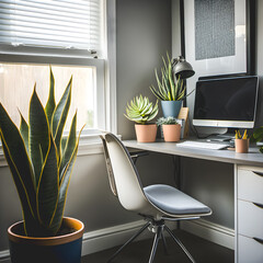 A modern home office with clean lines, neutral colors & natural elements. Featuring a beautiful natural plant as central piece, large windows for natural light & warm wooden accents. concept design