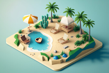 Illustration Of Beautiful Sea Beach, Summer View, palms, umbrella, chairs, Generative Ai 