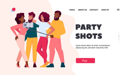 Party Shots Landing Page Template. Group Of Friends Taking Selfie, Smiling, Holding Camera. Men And Women Together