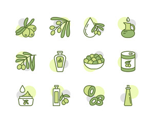 Olive products flat line icons set. Fresh tree fetuses and olive oil in bottles and jugs. Simple flat vector illustration for web site or mobile app.