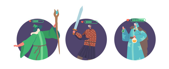 Wizard, Magician And Warrior Characters In Vr Headset And Fantasy Costumes Play Mmorpg Video Game