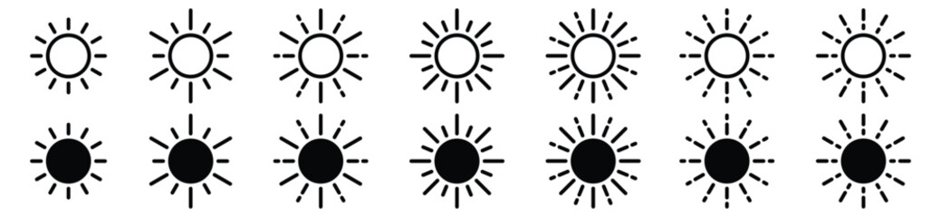 Sun icon set. Sun shines or sun ray icon. Sun icons vector with line and flat style for apps and websites, symbol illustration